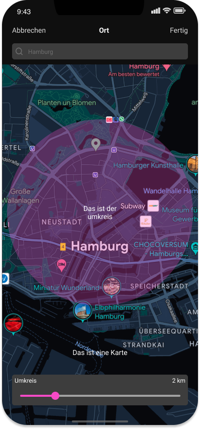 Kartenansicht mit Orten und Veranstaltungen